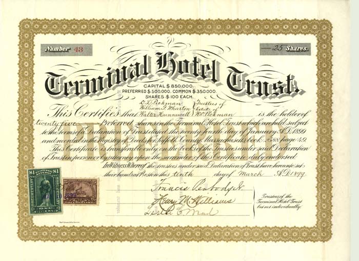 Terminal Hotel Trust with Revenues - Stock Certificate